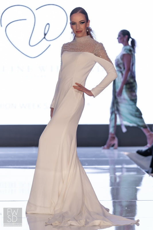 Beaded off shoulder long sleeve Bridal gown