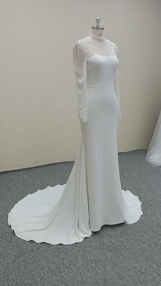 Beaded off shoulder long sleeve Bridal gown